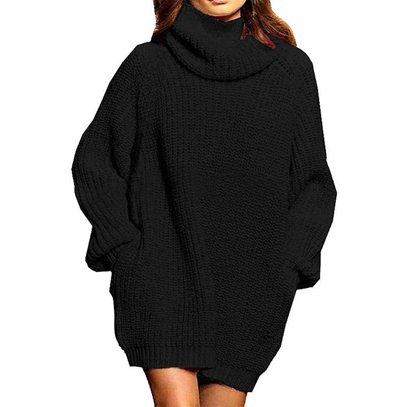 Damen gemütlicher Oversized Strickpullover mit hohem Kragen und praktischen Taschen Heidi-Mode