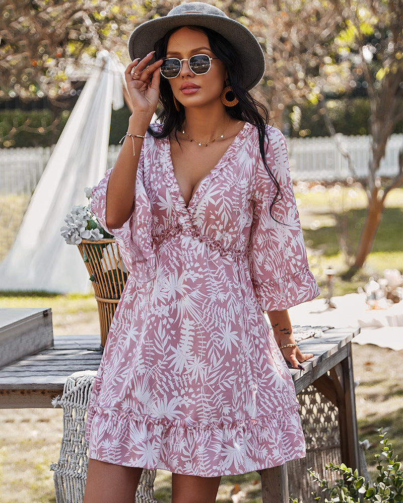 Heidi-Mode | Lässiger V-Ausschnitt 3\4 Arm Bedrucktes Mini Kleid