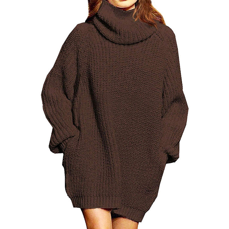 Damen gemütlicher Oversized Strickpullover mit hohem Kragen und praktischen Taschen Heidi-Mode