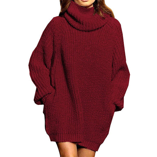 Damen gemütlicher Oversized Strickpullover mit hohem Kragen und praktischen Taschen Heidi-Mode