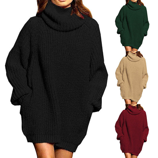 Damen gemütlicher Oversized Strickpullover mit hohem Kragen und praktischen Taschen Heidi-Mode
