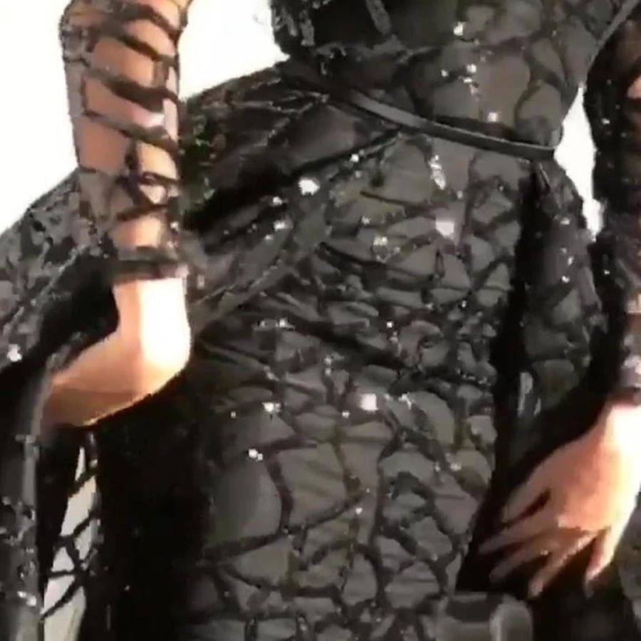 Damen Elegantes Abendkleid mit transparenten Ärmeln und glitzerndem Oberteil Heidi-Mode