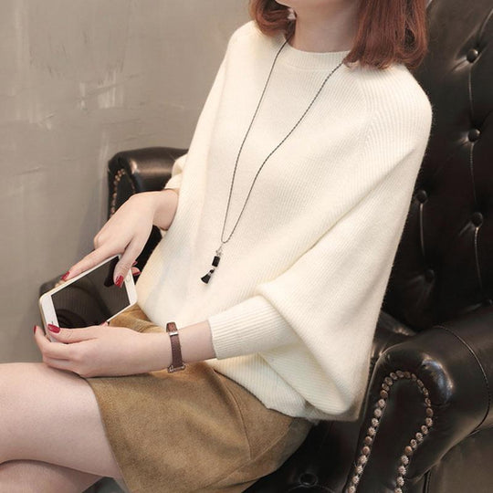 Damen Gemütlicher Strickpullover mit lässigem Schnitt und weiten Ärmeln Heidi-Mode