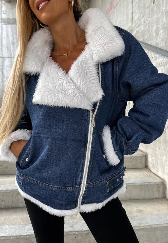 Heidi-Mode - Lässige Winter Blaue Denim Fleecejacke für Frauen