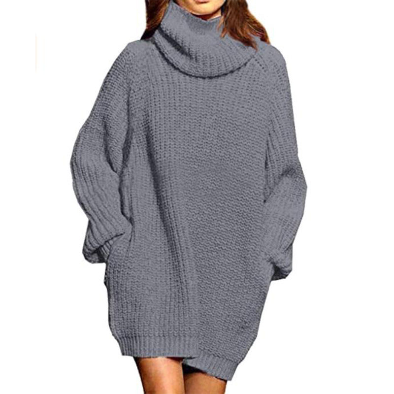 Damen gemütlicher Oversized Strickpullover mit hohem Kragen und praktischen Taschen Heidi-Mode