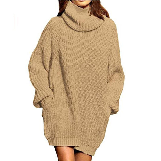 Damen gemütlicher Oversized Strickpullover mit hohem Kragen und praktischen Taschen Heidi-Mode