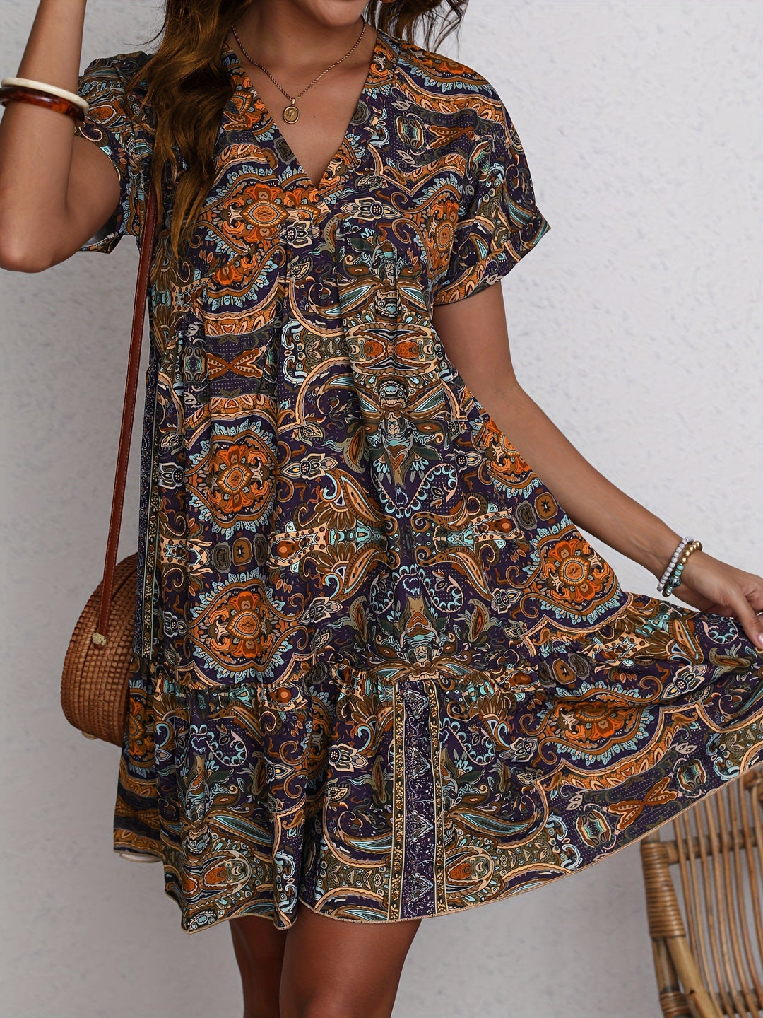 Heidi-Mode | Paisley V-Ausschnitt Kleid Locker Kurzarm Sommerkleid