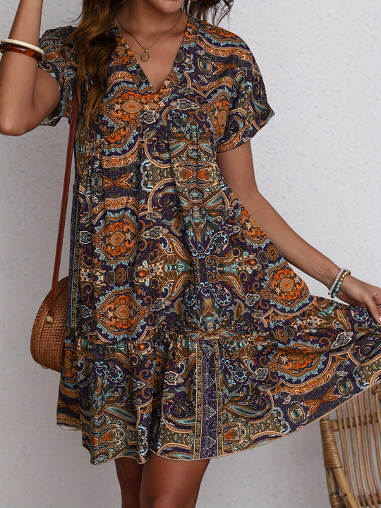 Heidi-Mode | Paisley V-Ausschnitt Kleid Locker Kurzarm Sommerkleid
