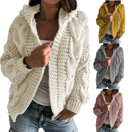Damen Strickjacke mit Kapuze und trendigem Zopfmuster Heidi-Mode