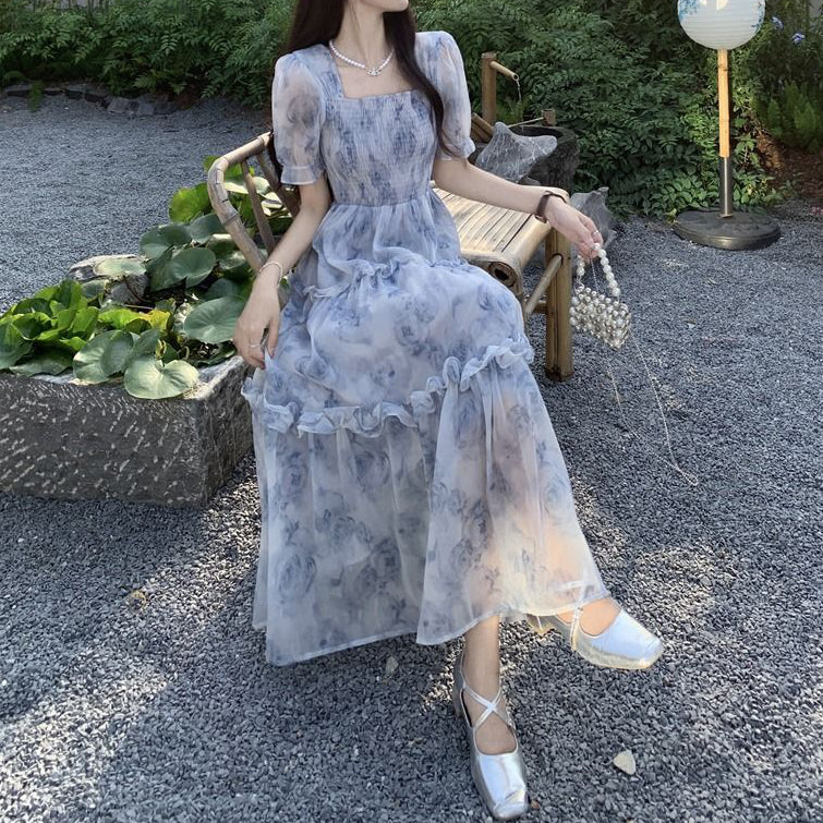 Heidi-Mode | Retro Quadrat Hals Holz Ohr Blumen Kleid