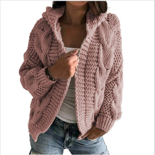 Damen Strickjacke mit Kapuze und trendigem Zopfmuster Heidi-Mode