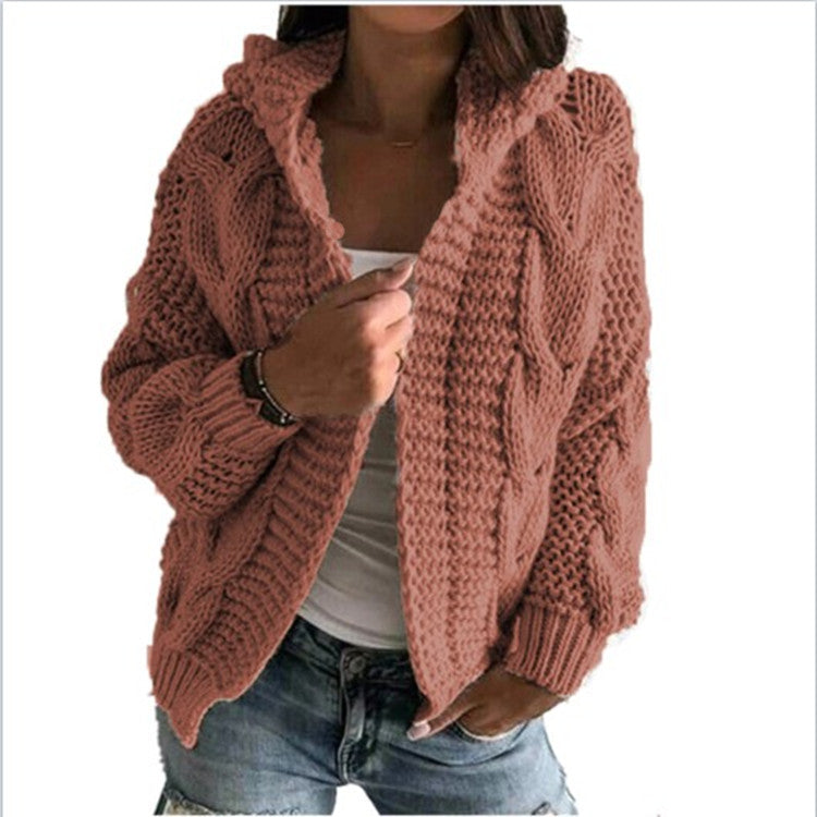 Damen Strickjacke mit Kapuze und trendigem Zopfmuster Heidi-Mode