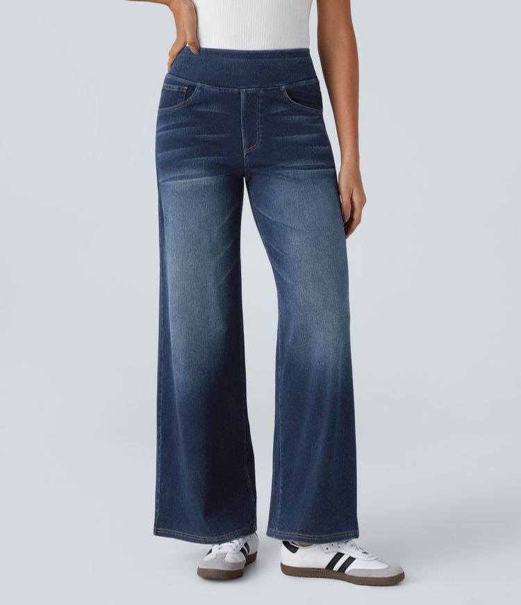 Heidi-Mode | Hochtaillierte Weite Bein Jeans mit Mehreren Taschen
