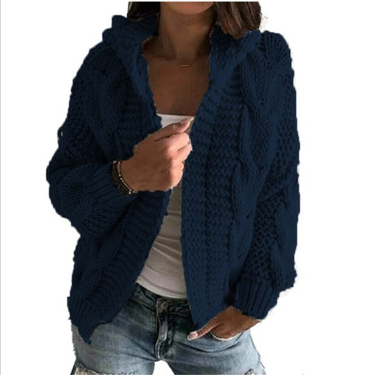 Damen Strickjacke mit Kapuze und trendigem Zopfmuster Heidi-Mode