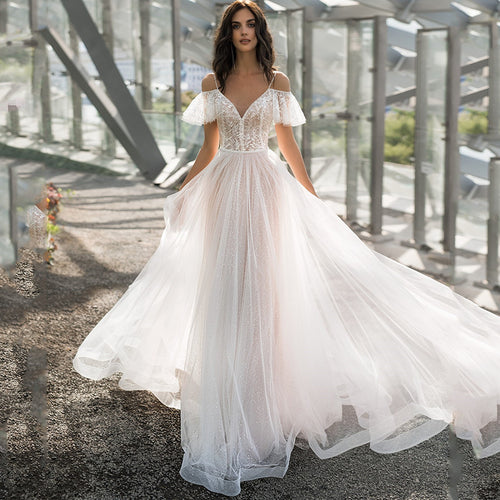 Damen Elegantes Hochzeitskleid mit transparenten Puffärmeln und glitzerndem Oberteil Heidi-Mode