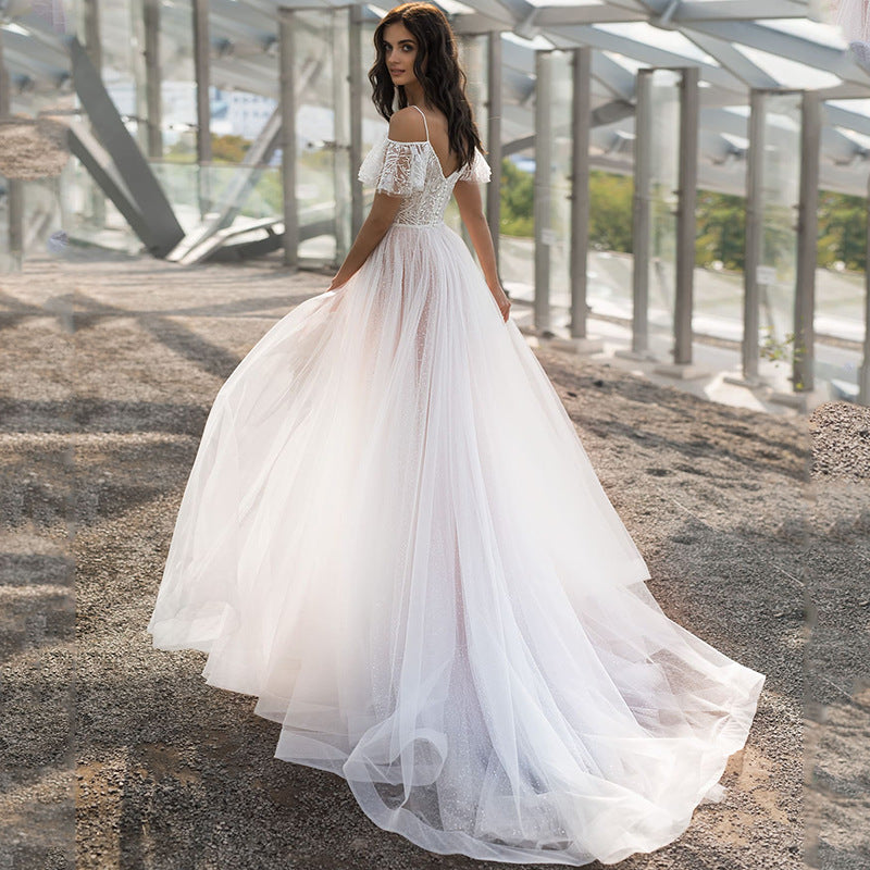 Damen Elegantes Hochzeitskleid mit transparenten Puffärmeln und glitzerndem Oberteil Heidi-Mode