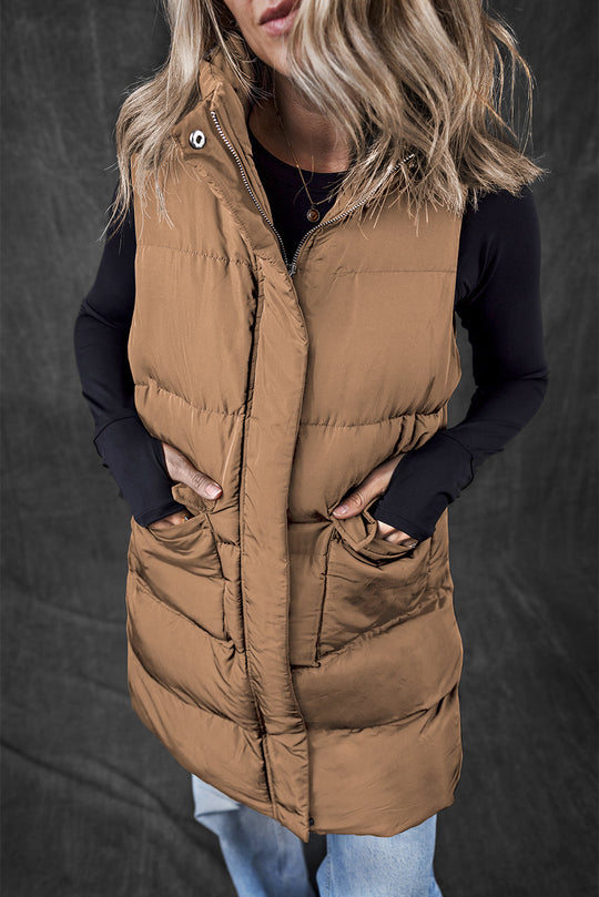 Windproof Longline Full Zipper Puffer Vest Mit Taschen