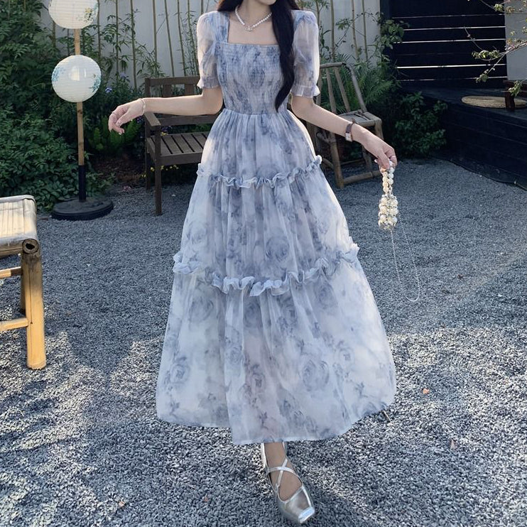 Heidi-Mode | Retro Quadrat Hals Holz Ohr Blumen Kleid
