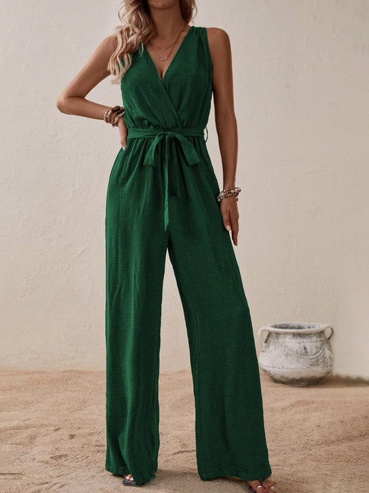 Heidi-Mode | Gebundenes Surplice Ärmelloses Weiter Beins Jumpsuit