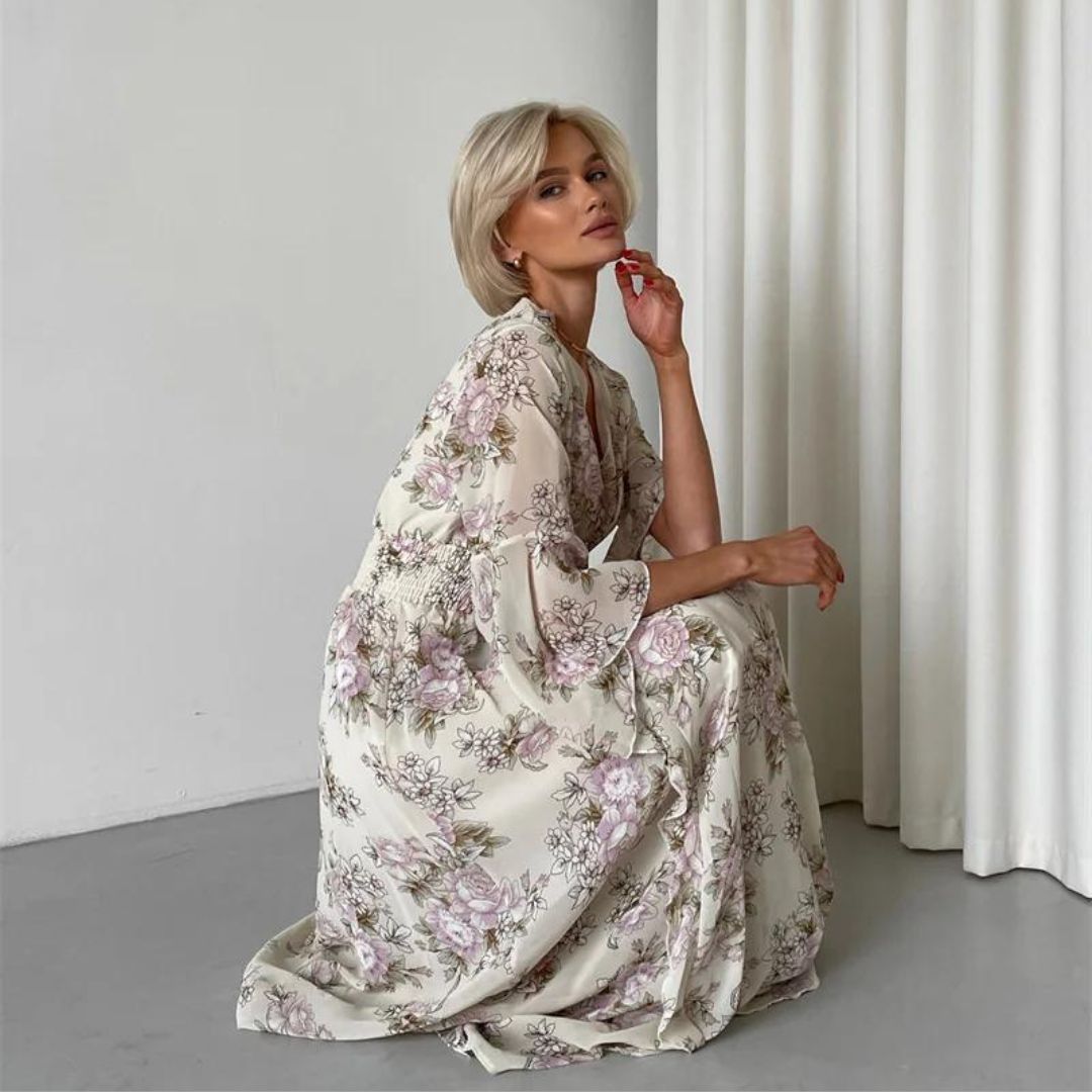 Heidi-Mode Florales Midi-Kleid mit V-Ausschnitt