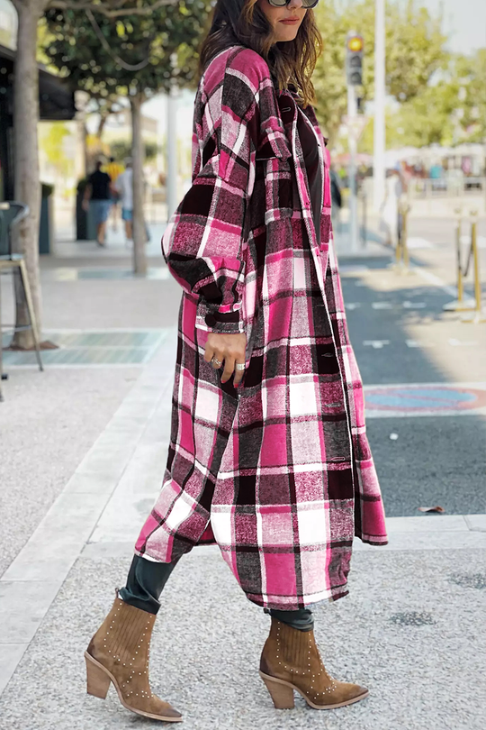 Heidi-Mode | Klappkragen Karoprint Wolle Lange Jacke