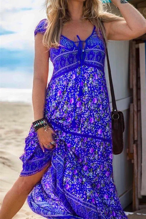 Heidi-Mode | Quasten V-Ausschnitt Bohemian Gedrucktes Maxi Strandkleid