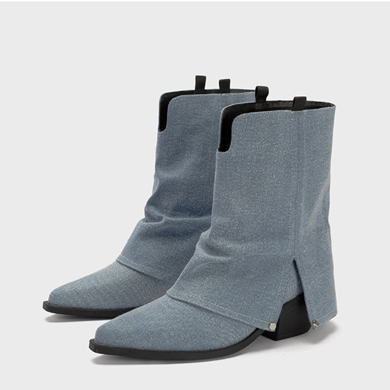 Heidi-Mode | Lässige Leder Ankleboots mit Spitzem Zeh Cowboy Stiefel Damen