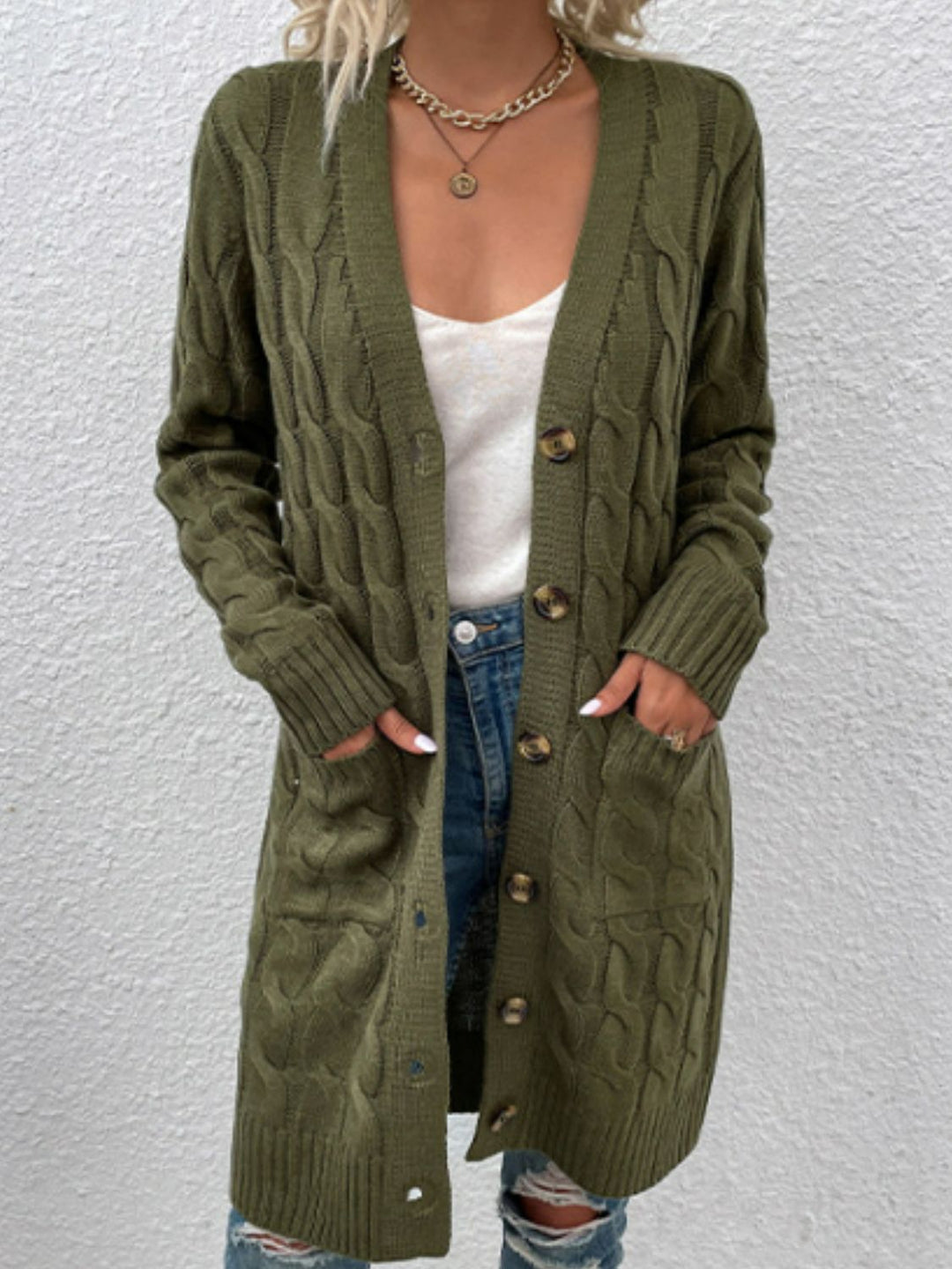 Heidi-Mode | Kabelstrick Knopfverschluss Cardigan mit Taschen