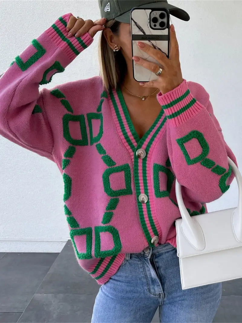 Strickjacke mit V-Ausschnitt und hohem Kontrast