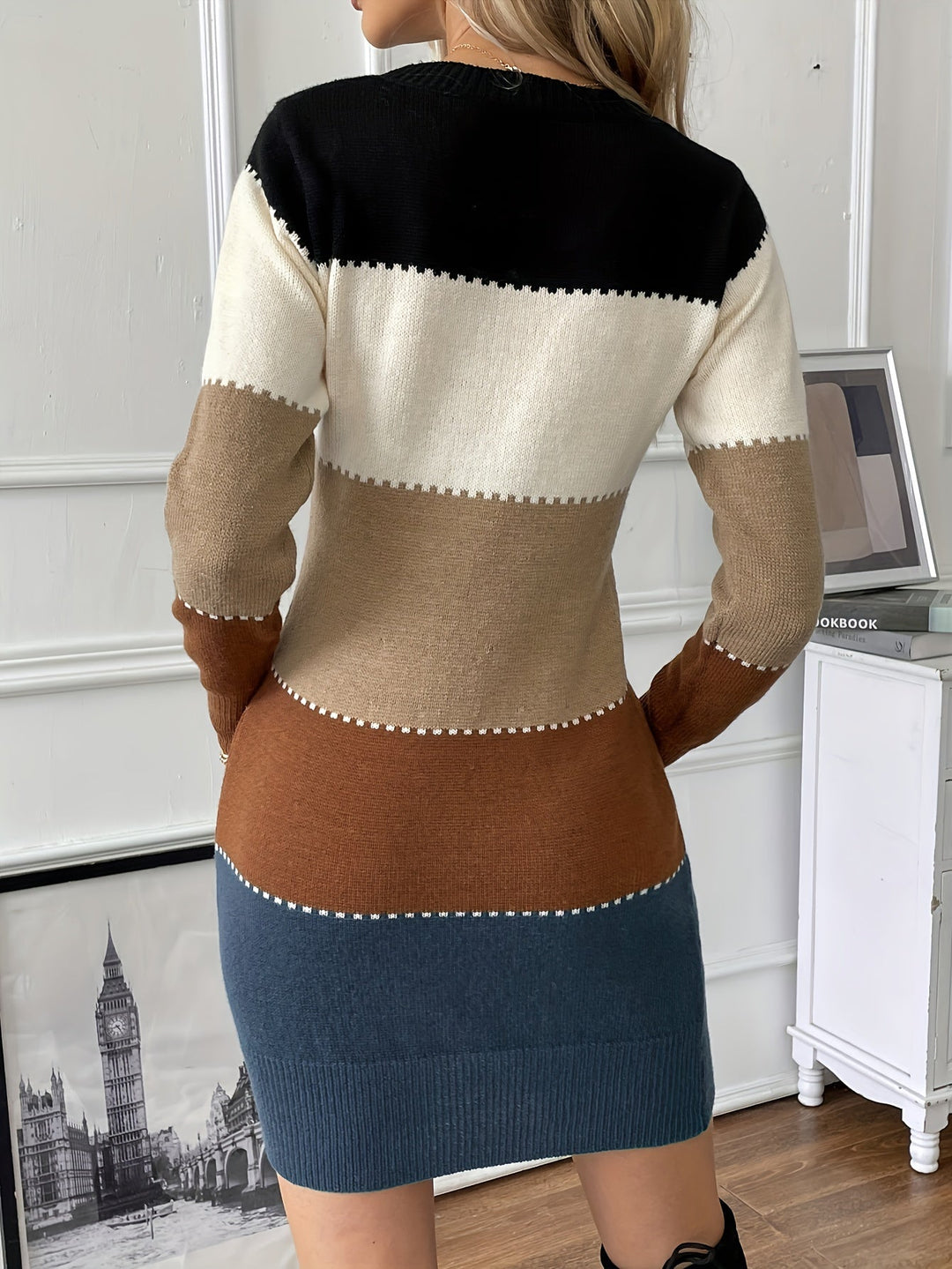 Heidi-Mode | Stilvolles Baumwollkleid mit Farbblock Design, Langen Ärmeln und Rundhalsausschnitt für Damen Ideal für Den Sommer