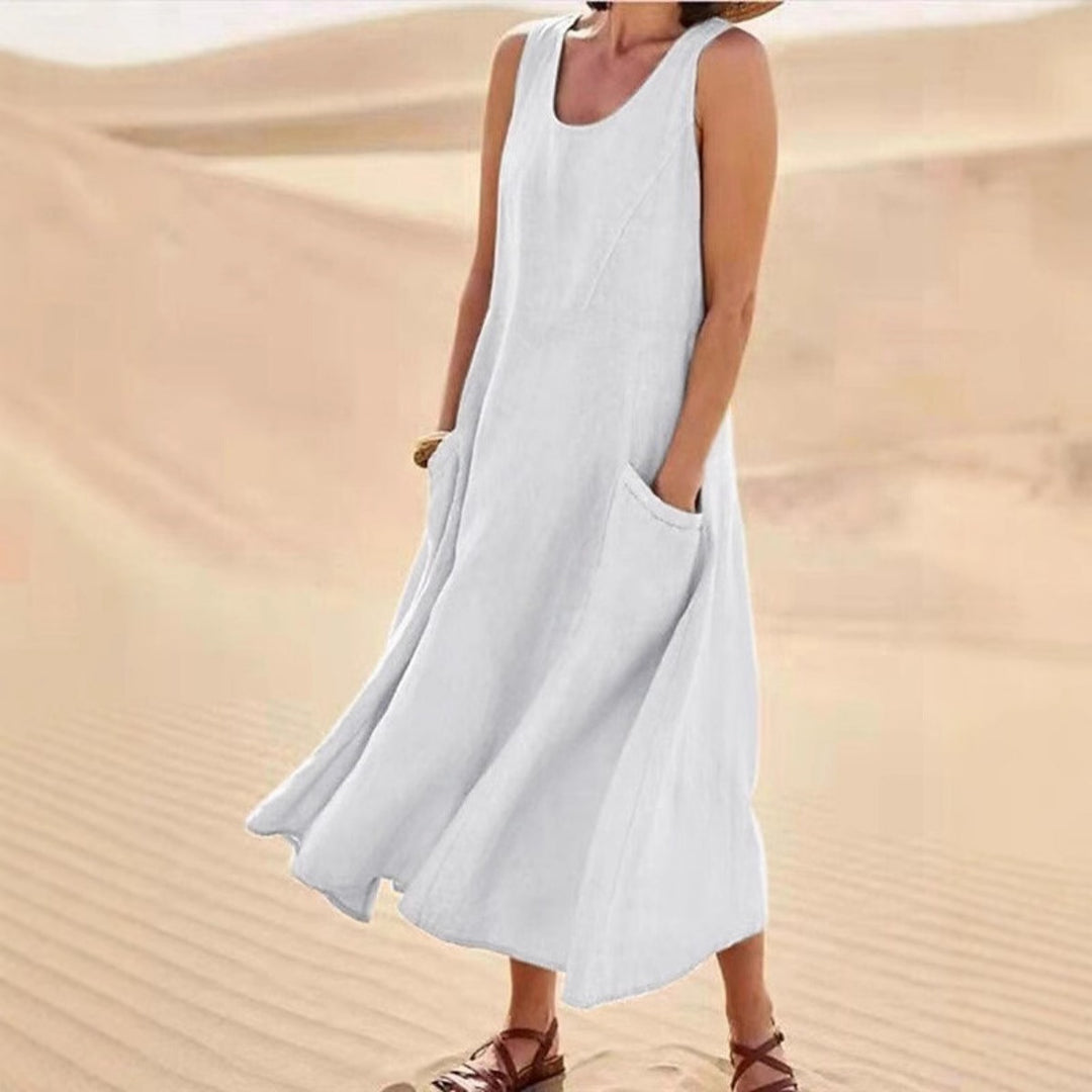 Heidi Mode | Ärmelloses Kleid aus Baumwolle und Leinen mit Rundhalsausschnitt und Tasche
