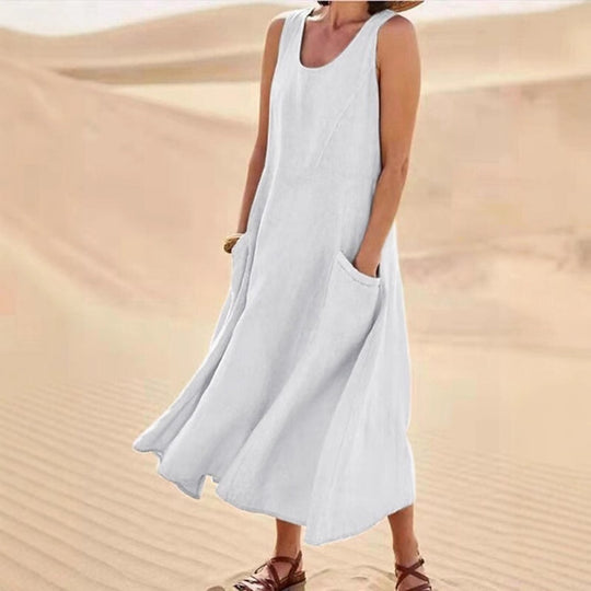 Heidi Mode | Ärmelloses Kleid aus Baumwolle und Leinen mit Rundhalsausschnitt und Tasche