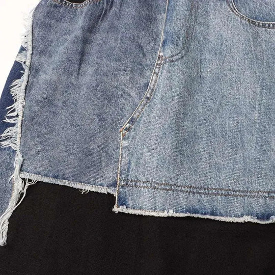 Heidi-Mode | Damenkleid mit Reißverschluss aus Netzstoff mit Denim-Nähten ohne Ärmel und Rundhalsausschnitt
