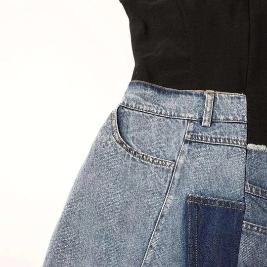 Heidi-Mode | Damenkleid mit Reißverschluss aus Netzstoff mit Denim-Nähten ohne Ärmel und Rundhalsausschnitt