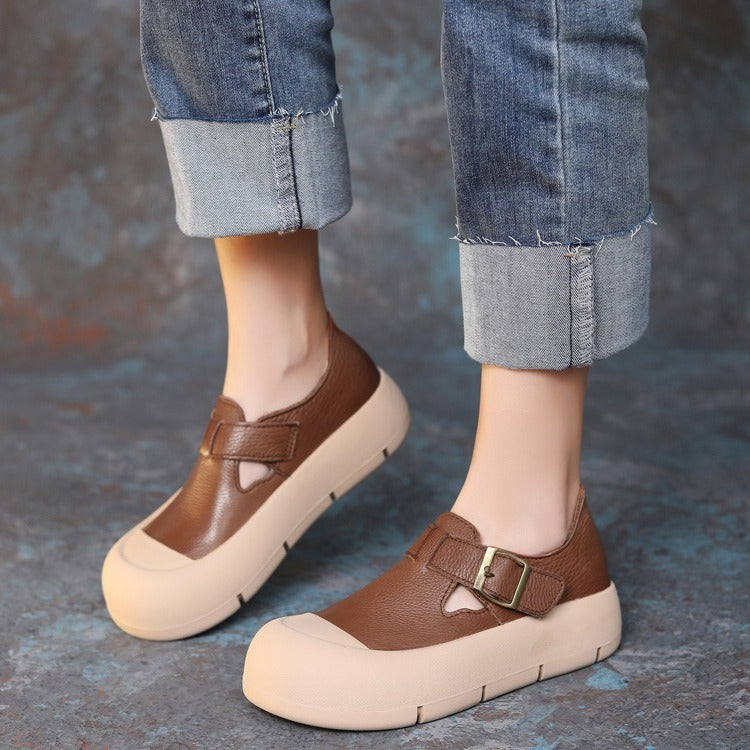 Heidi-Mode | Damenmode Rundkopf Handgefertigt Leder Schnalle mit Klettverschluss Flache Schuhe