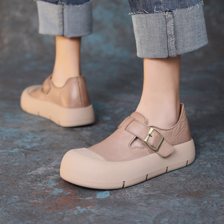 Heidi-Mode | Damenmode Rundkopf Handgefertigt Leder Schnalle mit Klettverschluss Flache Schuhe