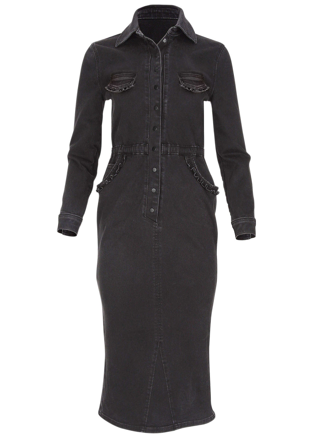Heidi-Mode | Rüschens Denim Midi Kleid Schwarz Waschung