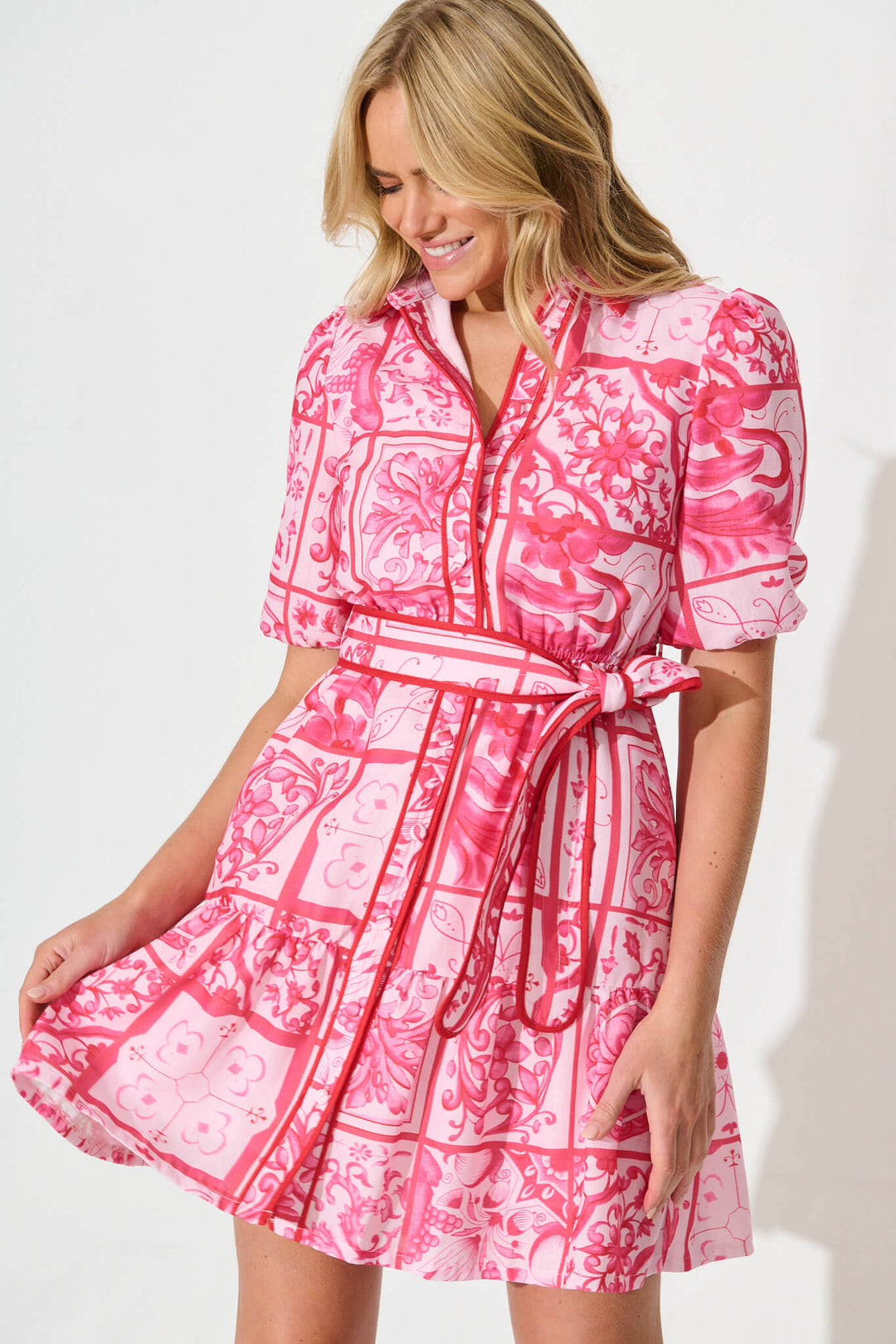 Heidi-Mode | Damen Bold Tile Print Mini Hemdbladen Freizeit