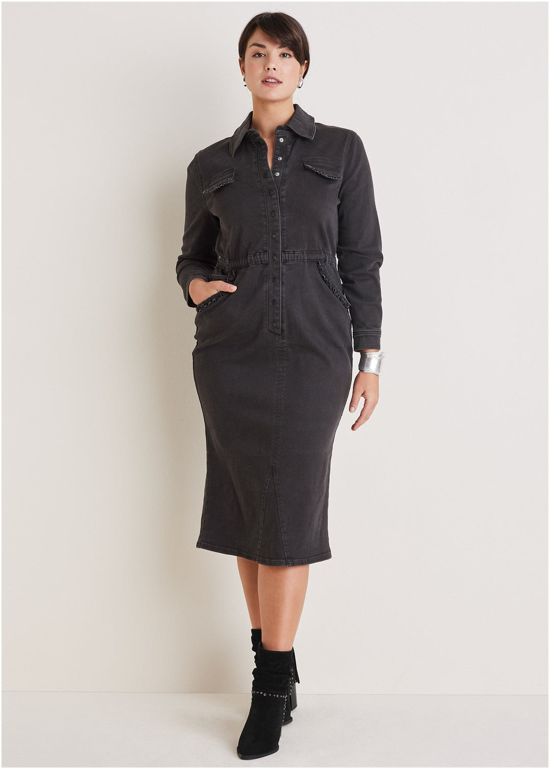 Heidi-Mode | Rüschens Denim Midi Kleid Schwarz Waschung