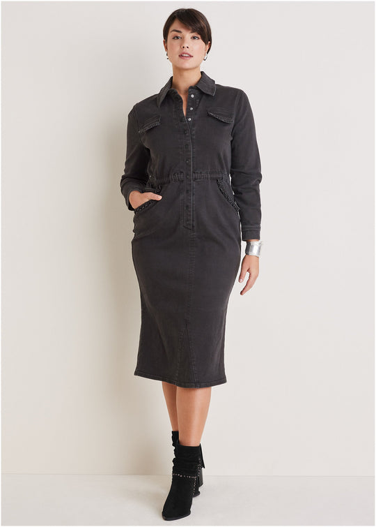 Heidi-Mode | Rüschens Denim Midi Kleid Schwarz Waschung