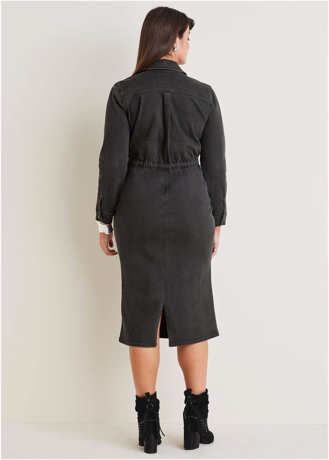 Heidi-Mode | Rüschens Denim Midi Kleid Schwarz Waschung