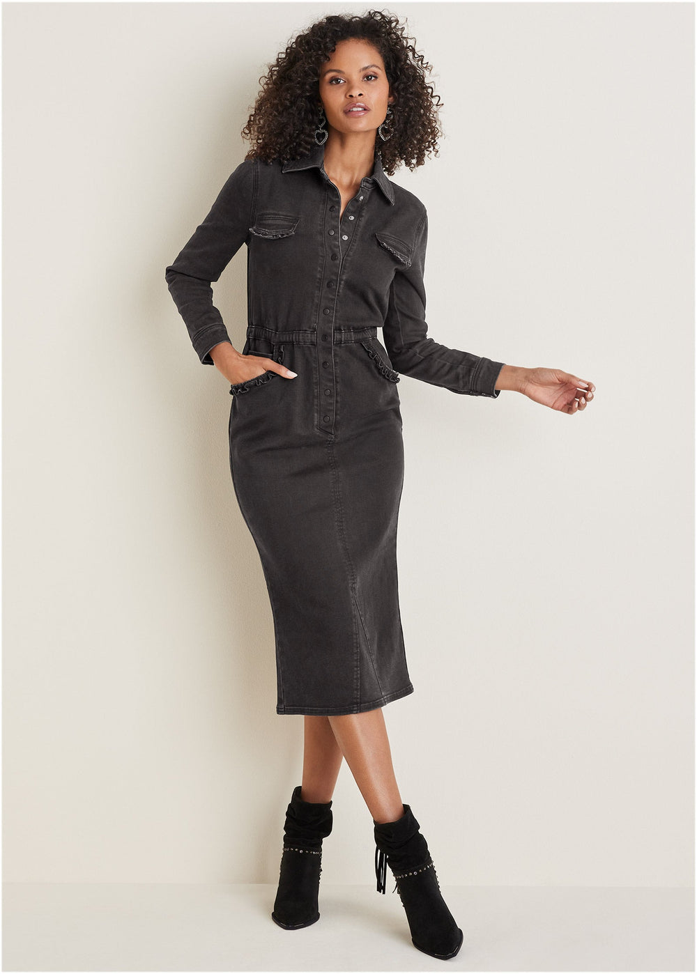 Heidi-Mode | Rüschens Denim Midi Kleid Schwarz Waschung