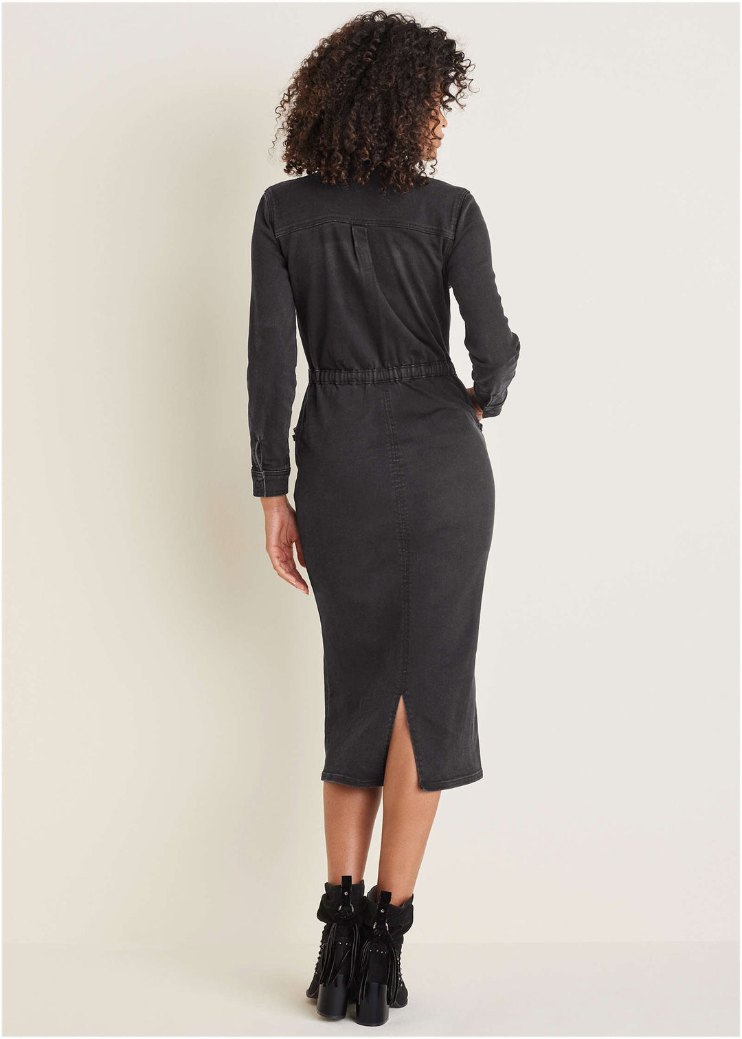 Heidi-Mode | Rüschens Denim Midi Kleid Schwarz Waschung