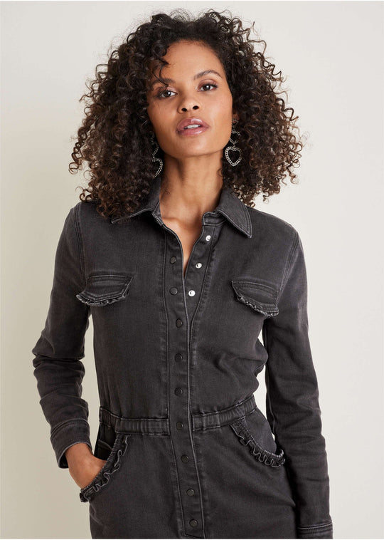 Heidi-Mode | Rüschens Denim Midi Kleid Schwarz Waschung