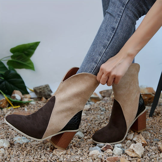 Heidi-Mode | Damen Stiefeletten Stickerei, Quadratische Schuhspitze, Dicker Absatz, Slip On Cowboy Stil aus Samt & Denim