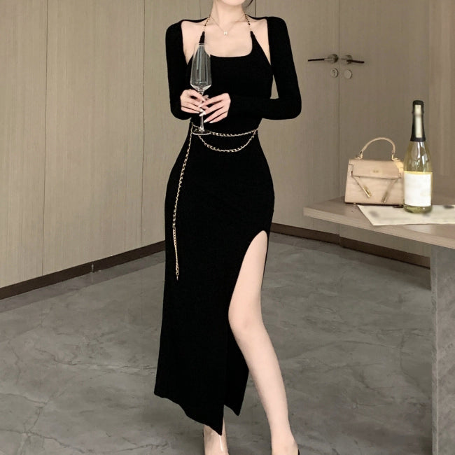 Heidi-Mode | Halterneck Cami Kleid Lange Ärmel Outerwear