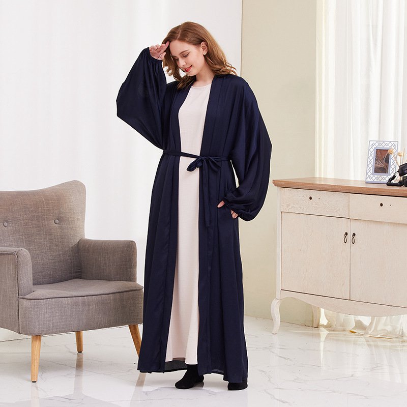 Heidi-Mode | 8 Farboptionen Satin Laternenärmel Offene Abaya Kleid Muslimische Dubai Frauen