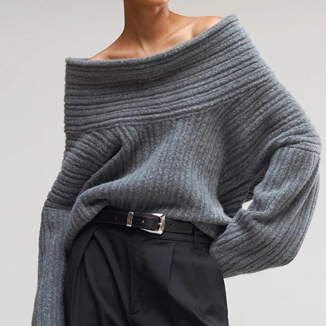 Asymmetrischer Kragen Gerippter Pullover