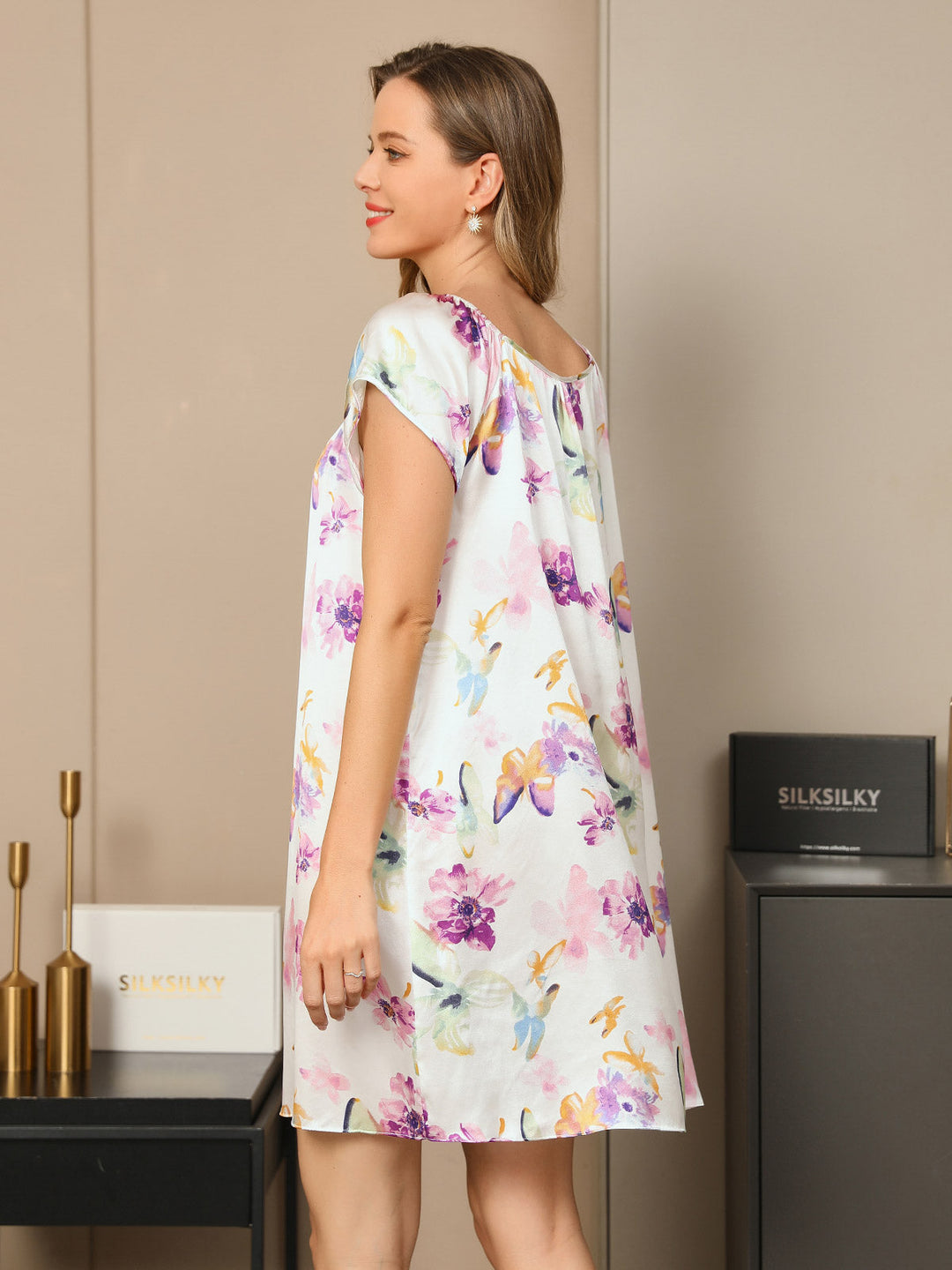Heidi-Mode | 100% Seide Blumenmuster Lässig Süß Nachthemd