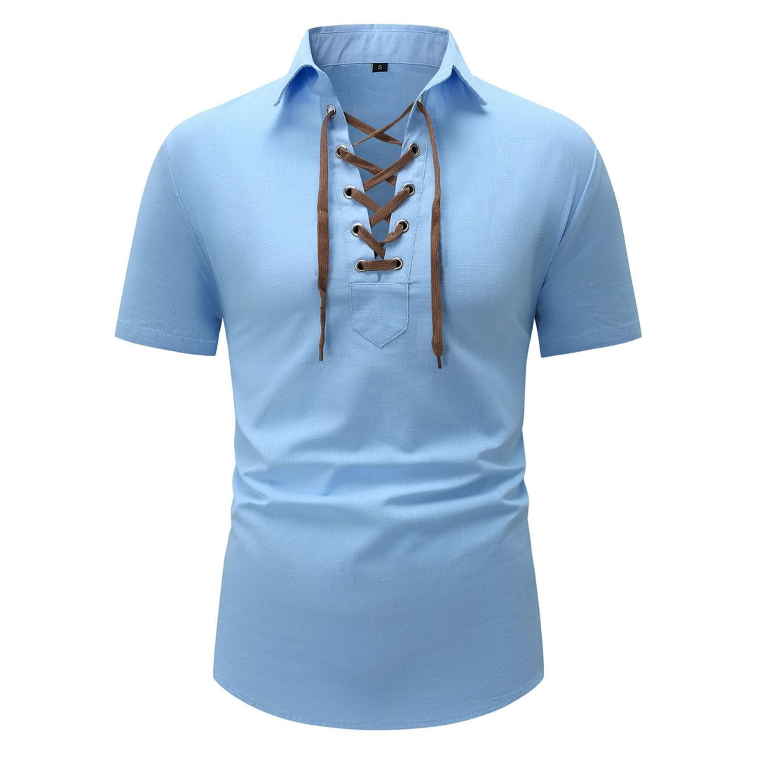 Heidi Mode | Leinen Revers Tether V-Ausschnitt Kurzarm-Shirt